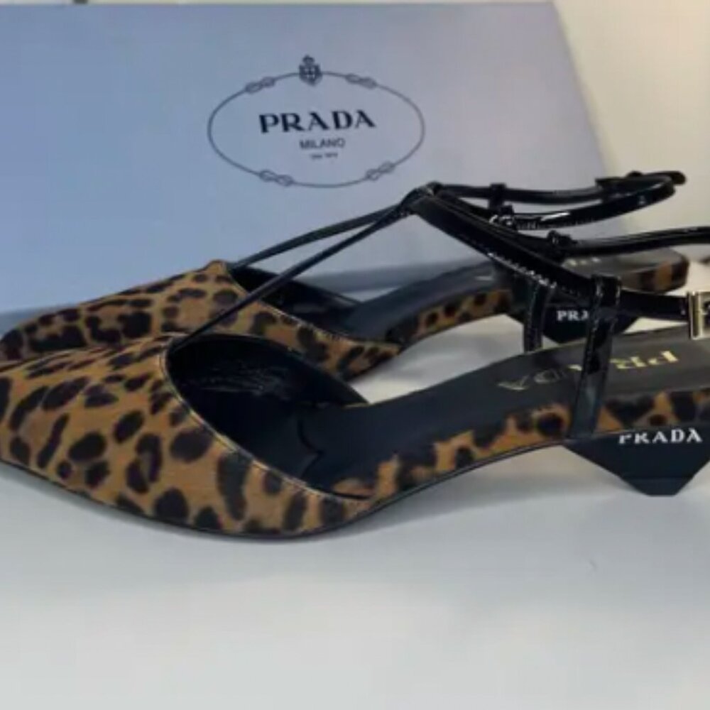 Prada Leopard Print T-Strap Ballerina Pumps - Picture 2 of 6